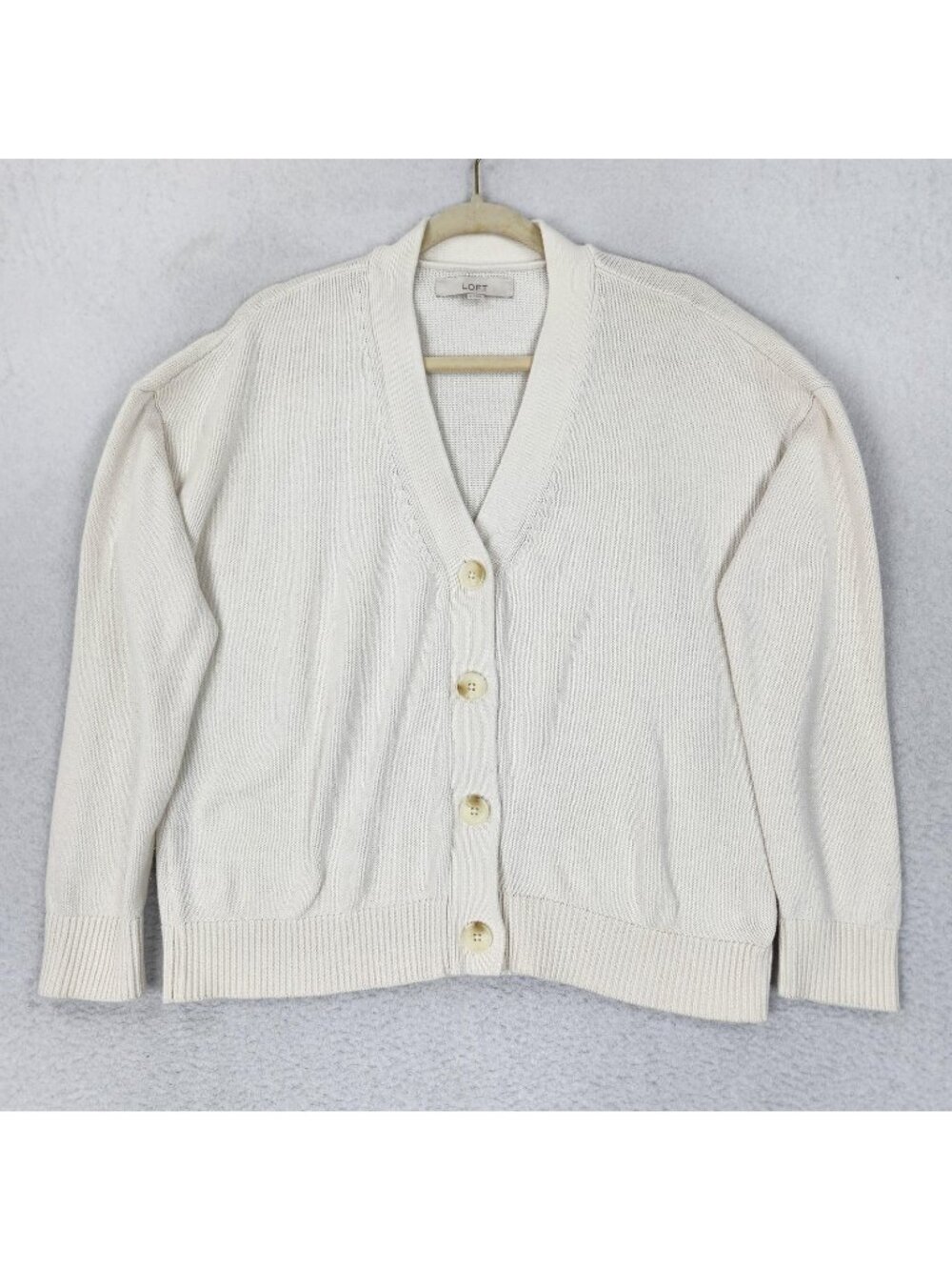 LOFT Sweater Womens Large White V Neck Button Front 100% Cotton Knit Cardigan